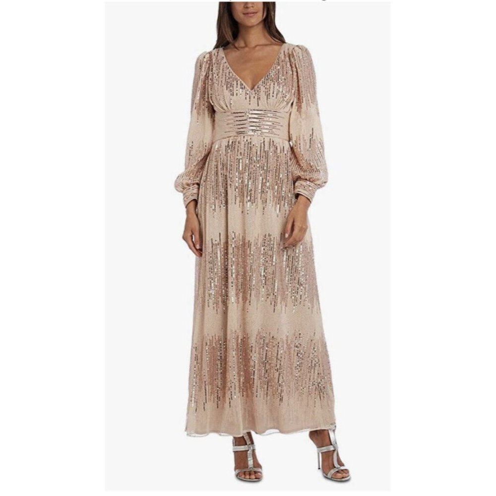 R&M RICHARDS Womens Gold Long‎ Sleeve Maxi Sheath Evening Dress Petites Size: 4P